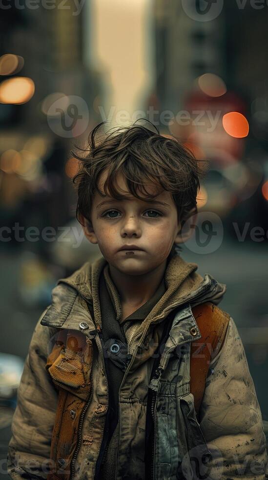 A boy dressed in old clothes on the street of the city. homeless, poor people photo