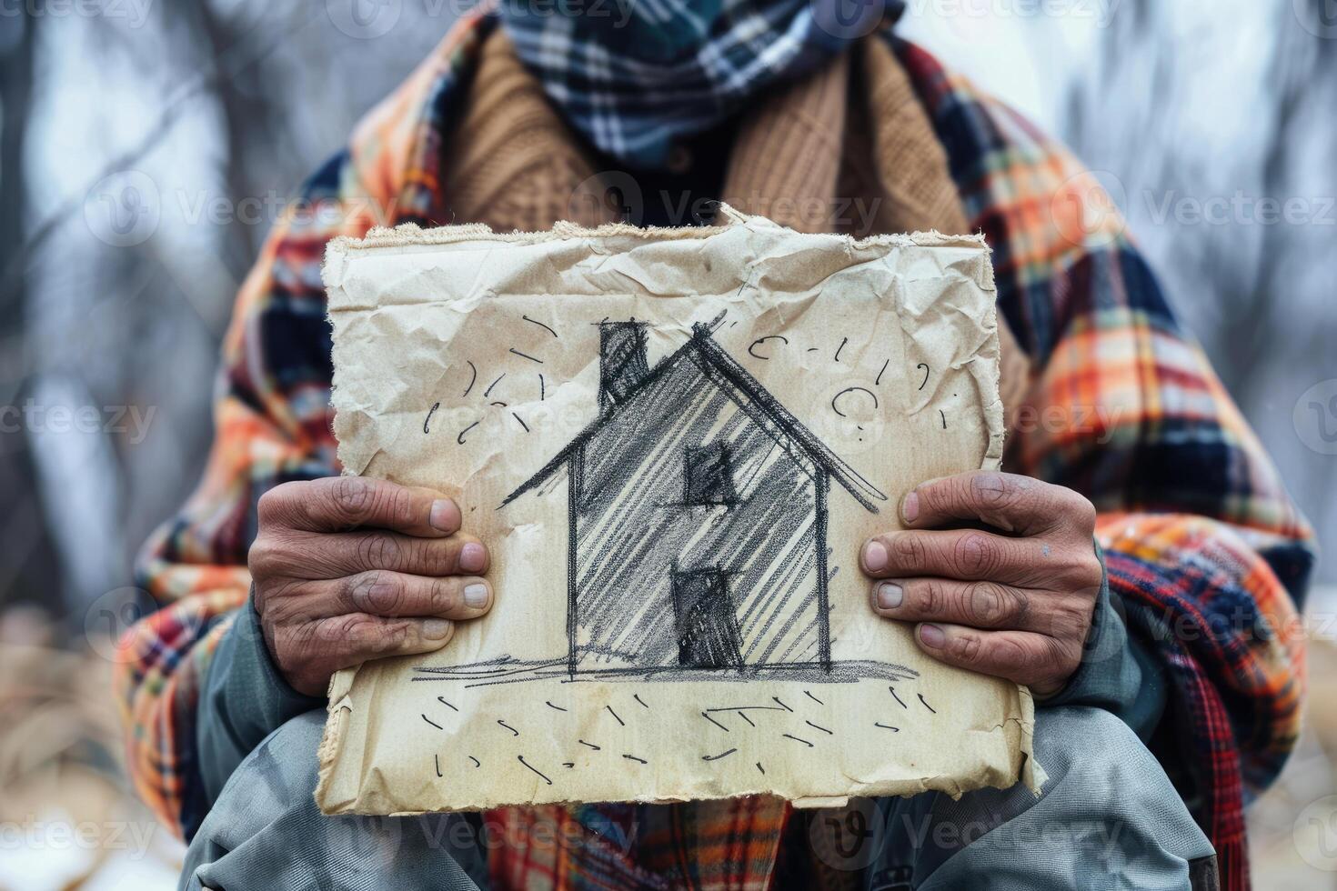 an elderly man in old clothes on the street holds a sign, a drawing with a picture of a house. poor, homeless, social problems photo