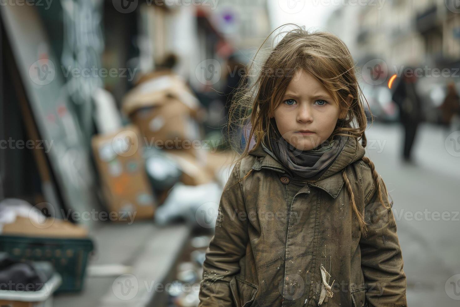 A girl dressed in old clothes on the street of the city. homeless, poor people photo