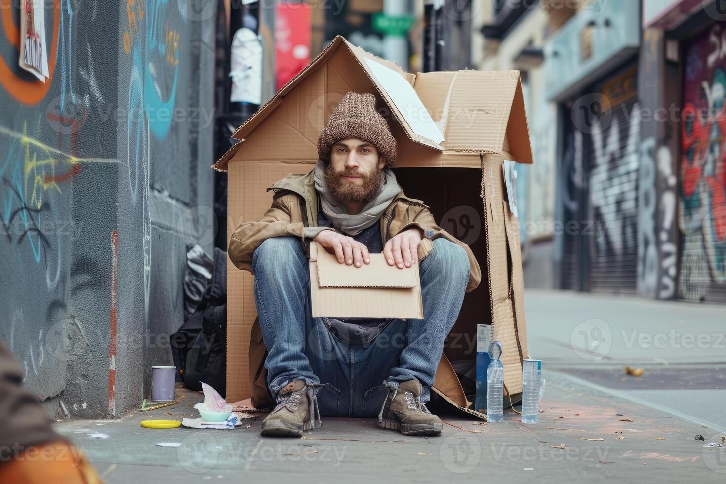 a man sits outside in a house made of cardboard boxes photo
