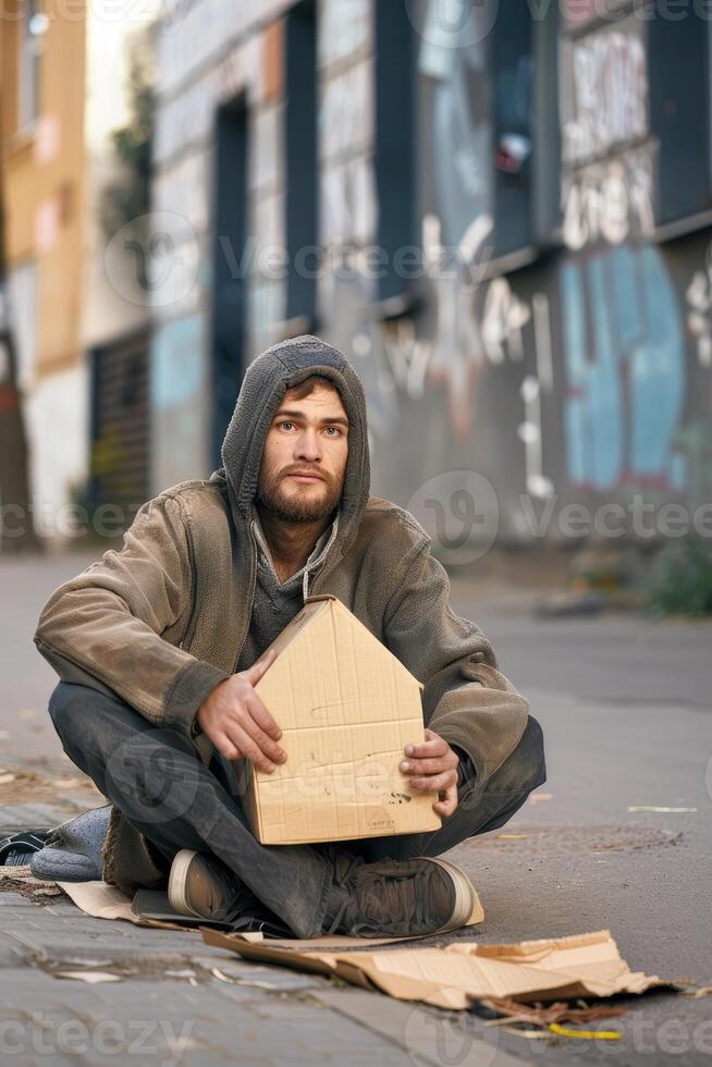 a man sits on the street in the city and holds in his hands a house made of cardboard backing photo