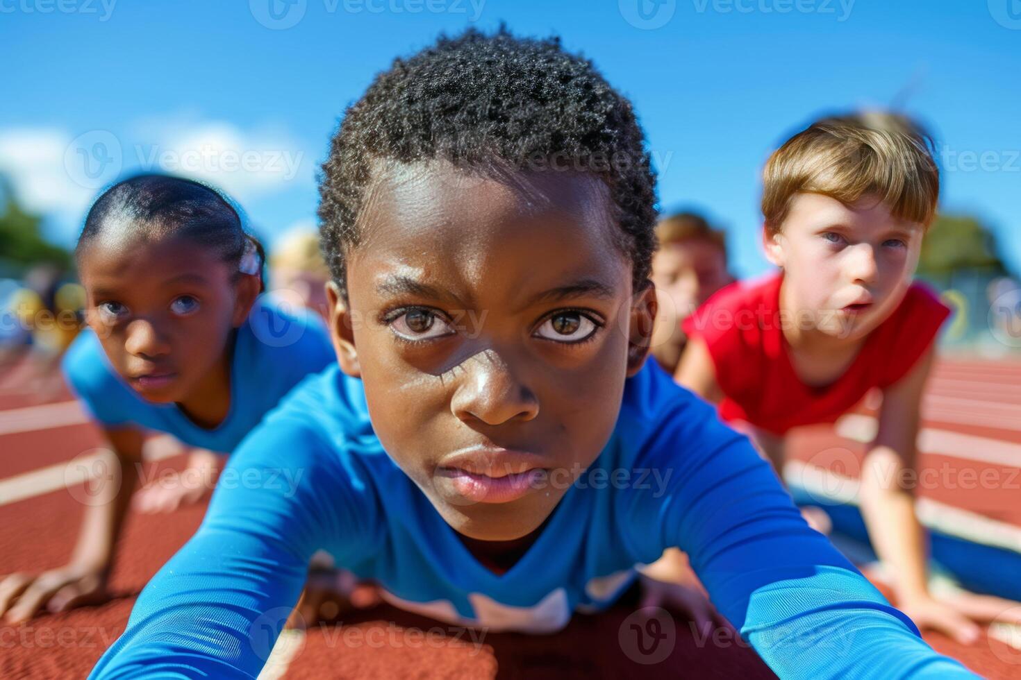 Young Athletes Poised at the Starting Line of a Track Race, Anticipation and Determination in Their Eyes photo