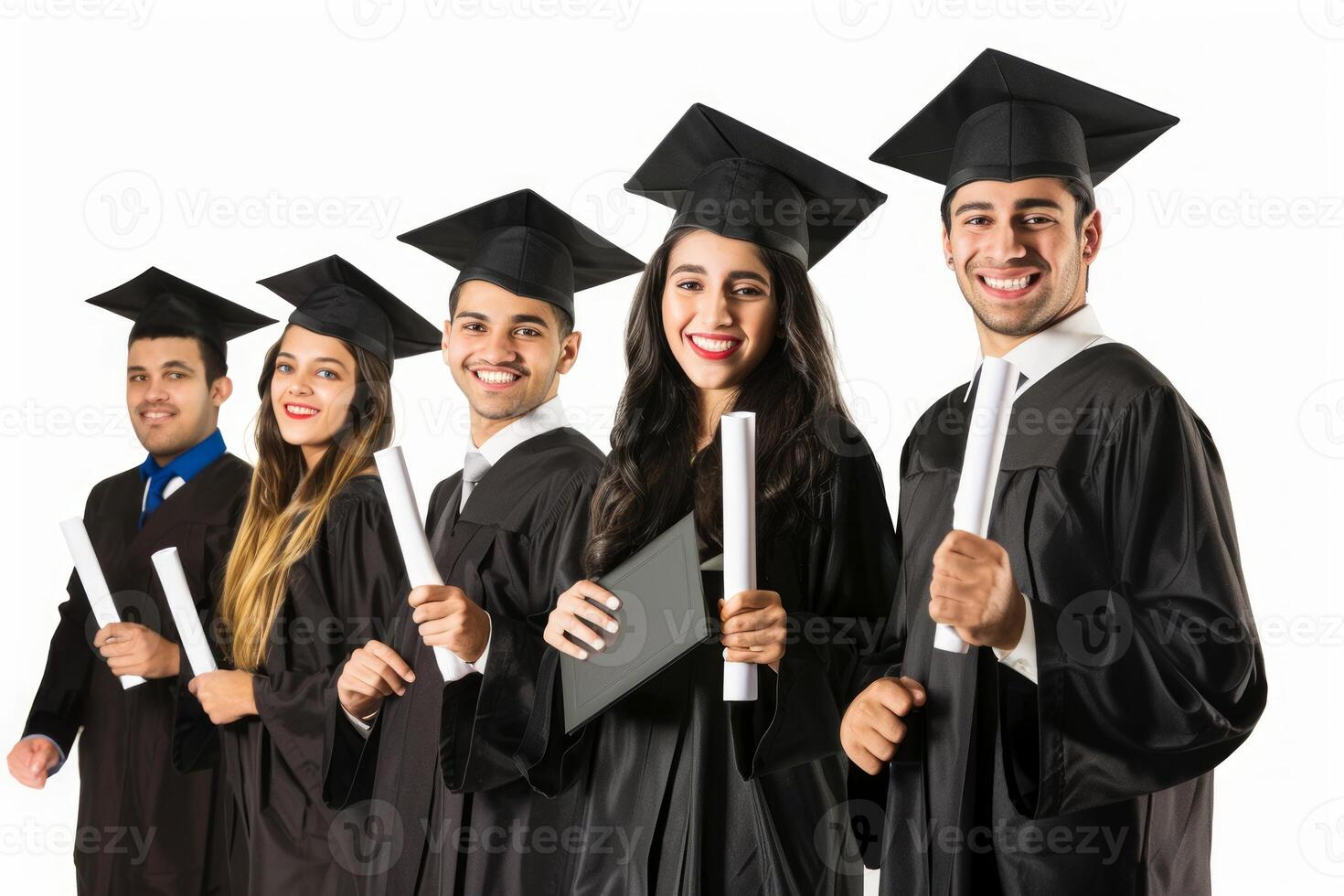 Young Brazilian college graduates holding their diplomas with graduation cap while standing in a row and smiling photo
