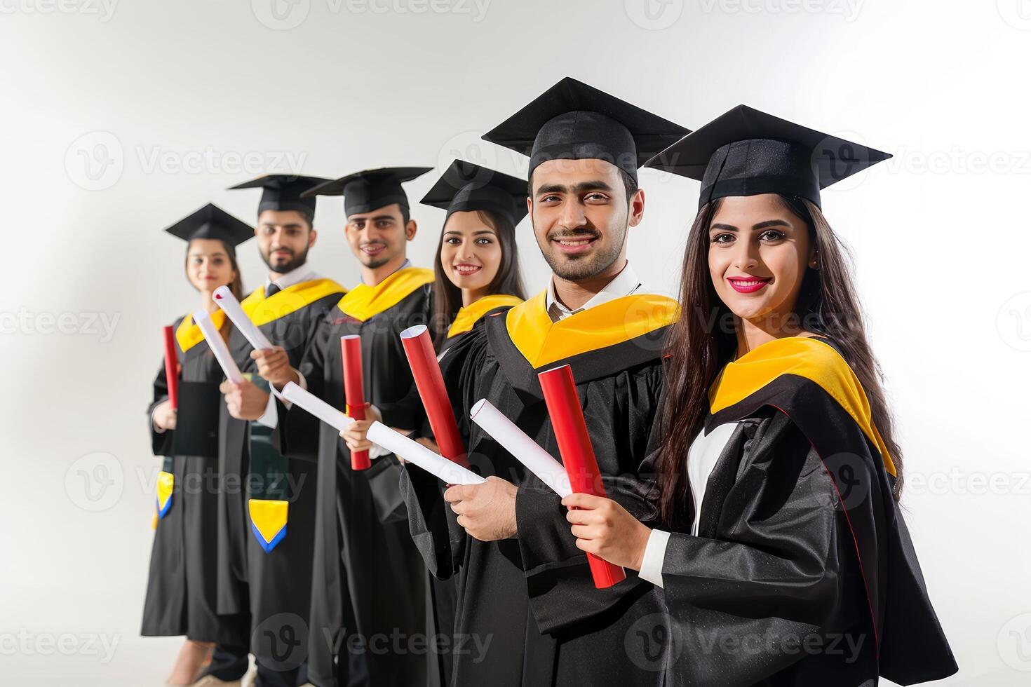 Young Arabian college graduates holding their diplomas with graduation cap while standing in a row and smiling photo