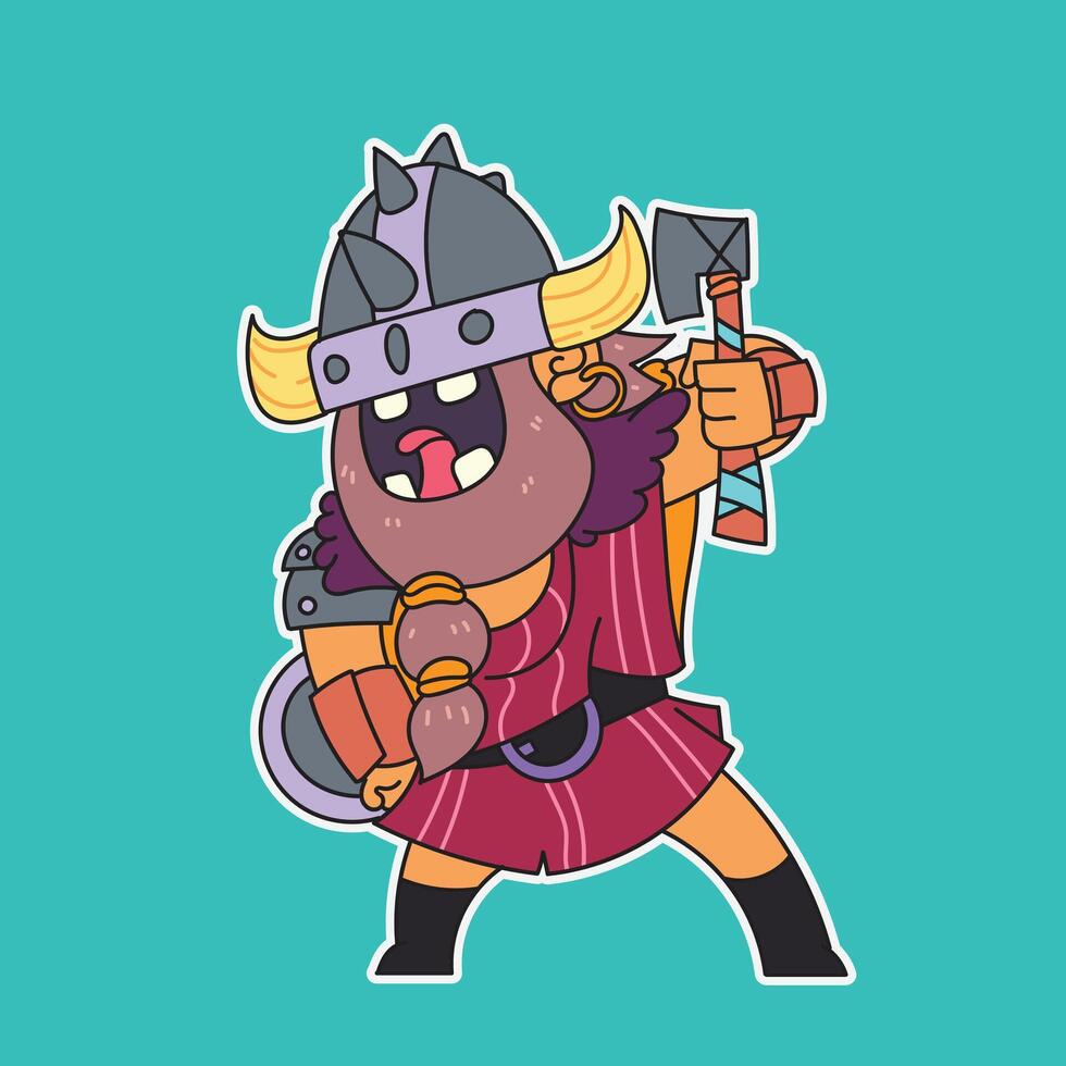 cute viking with shield and ax in ready position. perfect for stickers and more. vector