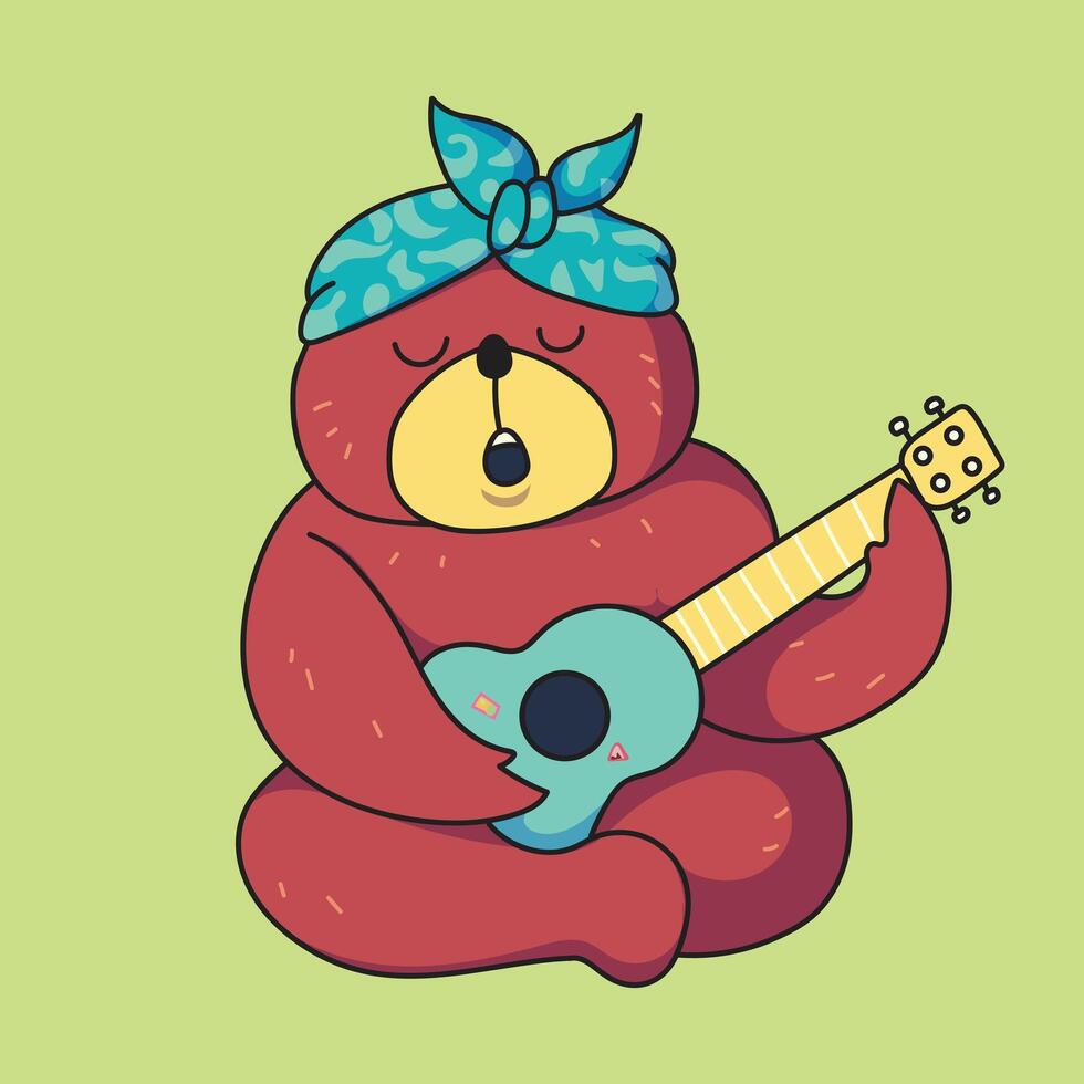 a drawing of a bear with a blue bandana on its head and a blue guitar in the background. vector