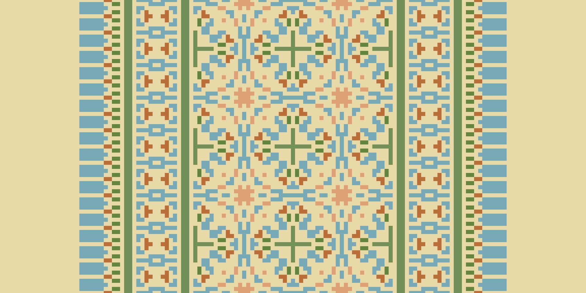 Peruvian pattern Seamless Mughal architecture Motif embroidery, Pixel Ikat embroidery Design for Print tapestry floral kimono repeat pattern lacing spanish motif vector