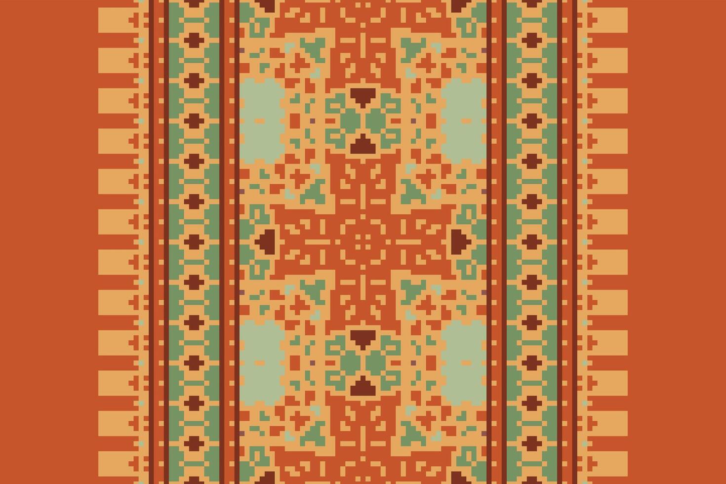 Pixel Cross Stitch pattern with Floral Designs. Traditional cross stitch needlework. Geometric Ethnic pattern, Embroidery, Textile ornamentation, fabric, Hand stitched pattern, Cultural stitching vector