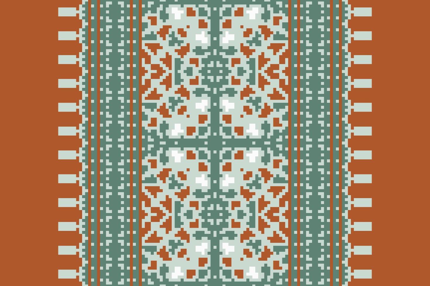 Pixel Cross Stitch pattern with Floral Designs. Traditional cross stitch needlework. Geometric Ethnic pattern, Embroidery, Textile ornamentation, fabric, Hand stitched pattern, Cultural stitching vector