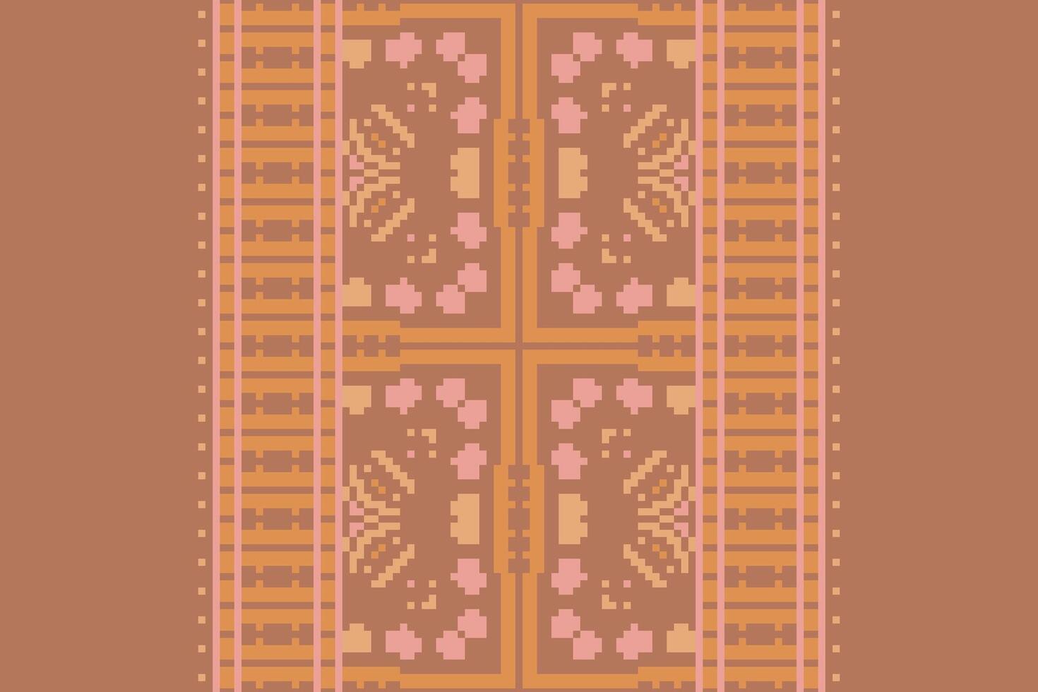 Pixel Cross Stitch pattern with Floral Designs. Traditional cross stitch needlework. Geometric Ethnic pattern, Embroidery, Textile ornamentation, fabric, Hand stitched pattern, Cultural stitching vector