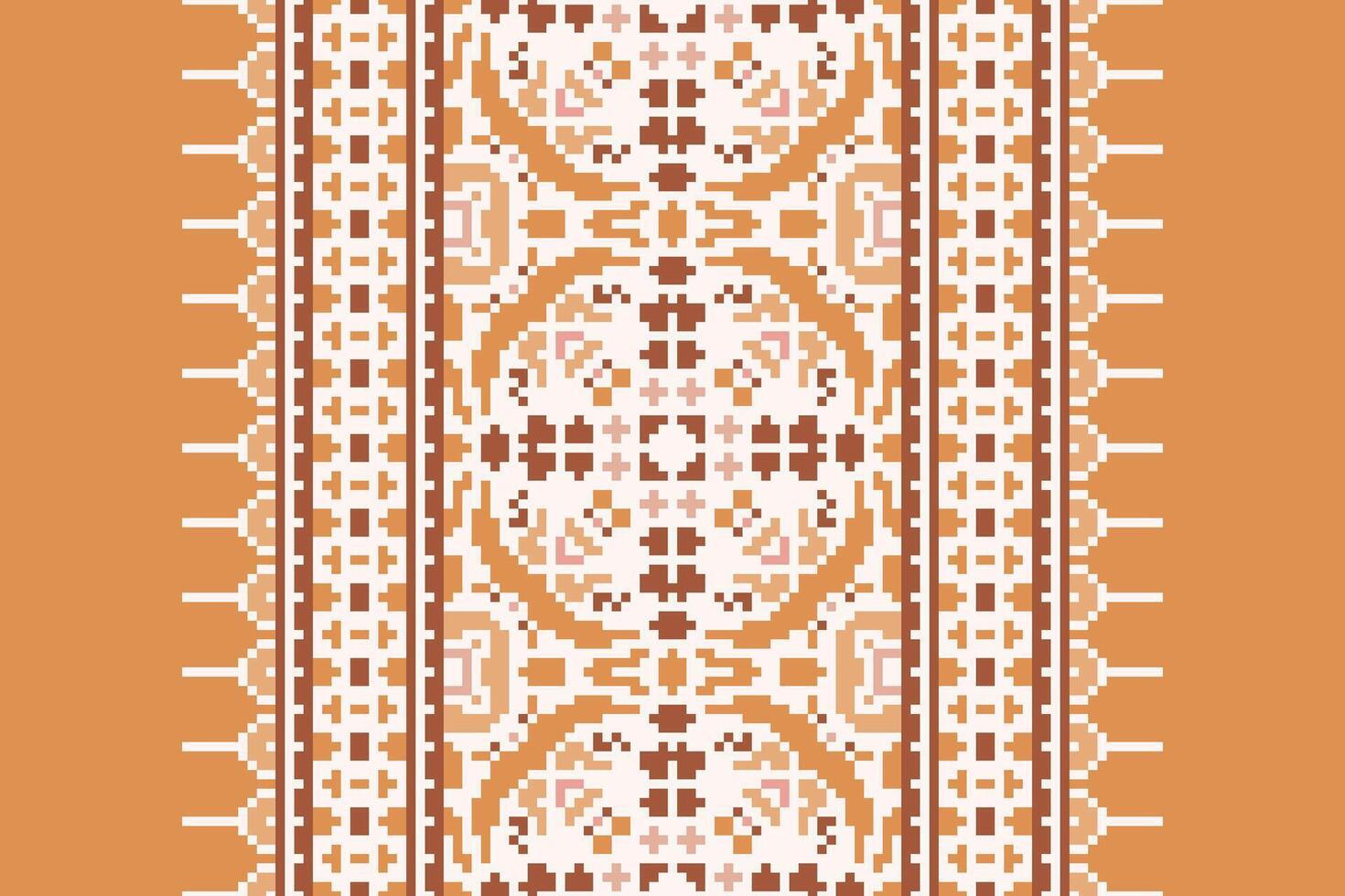 Pixel Cross Stitch pattern with Floral Designs. Traditional cross stitch needlework. Geometric Ethnic pattern, Embroidery, Textile ornamentation, fabric, Hand stitched pattern, Cultural stitching vector