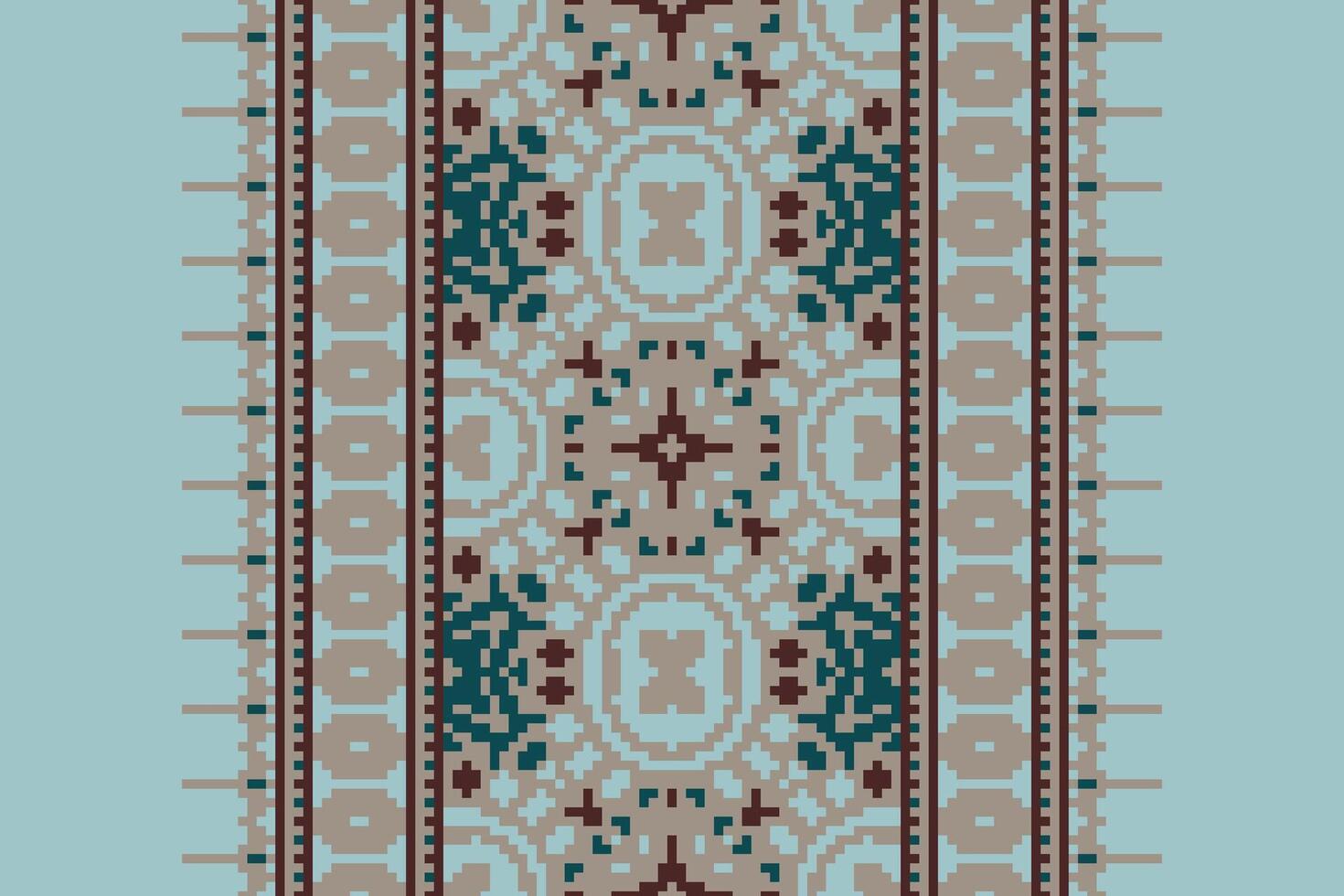 Pixel Cross Stitch pattern with Floral Designs. Traditional cross stitch needlework. Geometric Ethnic pattern, Embroidery, Textile ornamentation, fabric, Hand stitched pattern, Cultural stitching vector