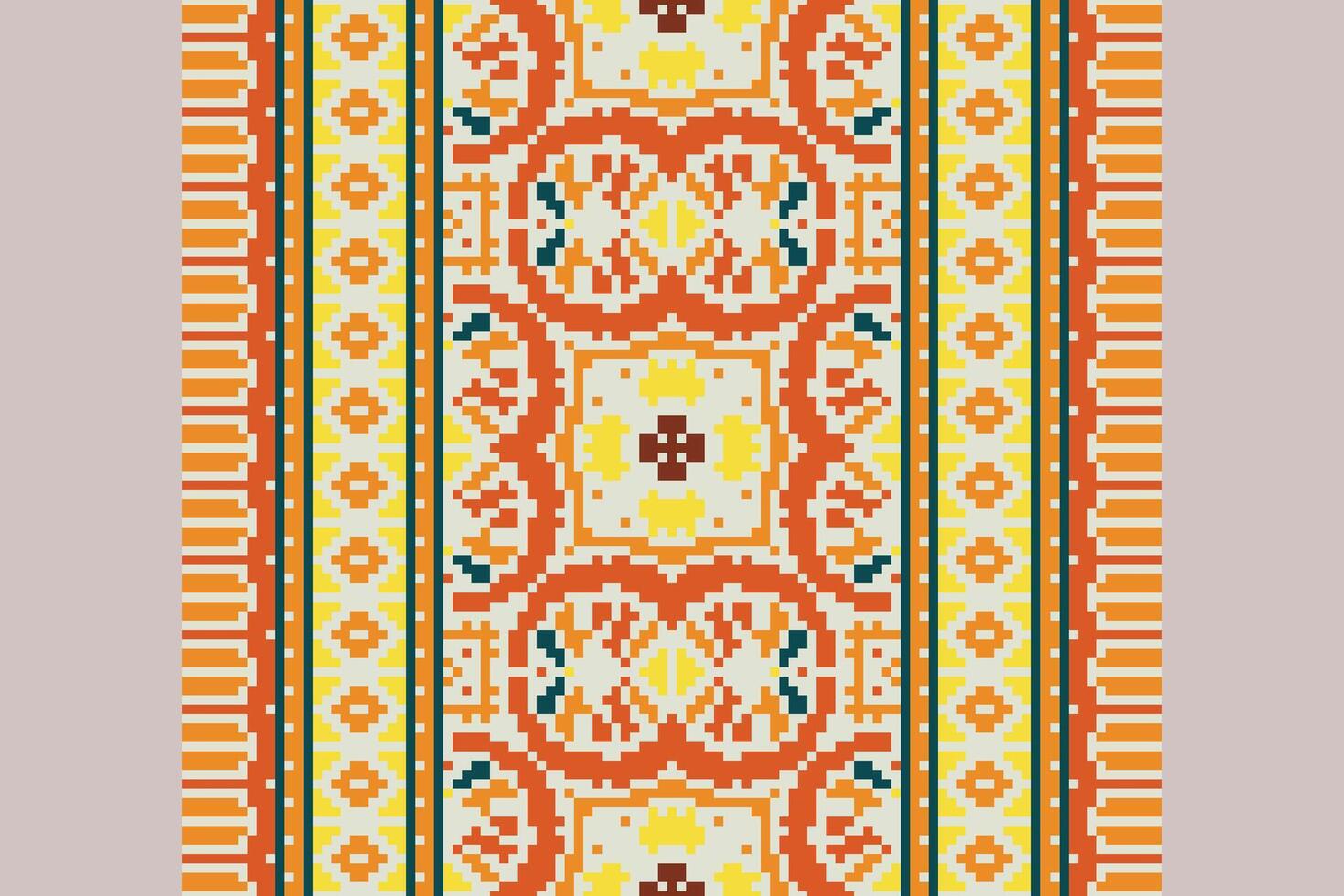 Pixel Cross Stitch pattern with Floral Designs. Traditional cross stitch needlework. Geometric Ethnic pattern, Embroidery, Textile ornamentation, fabric, Hand stitched pattern, Cultural stitching vector