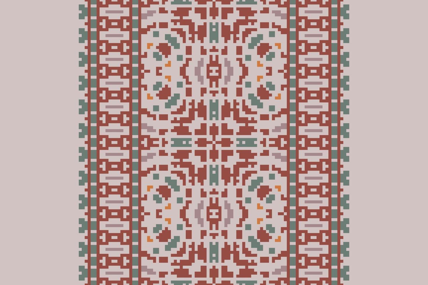 Pixel Cross Stitch pattern with Floral Designs. Traditional cross stitch needlework. Geometric Ethnic pattern, Embroidery, Textile ornamentation, fabric, Hand stitched pattern, Cultural stitching vector