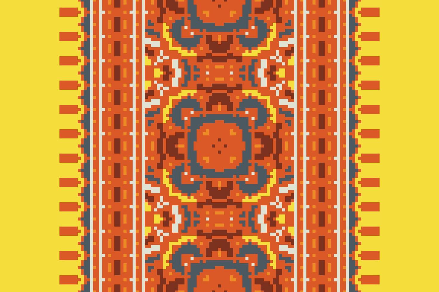 Pixel Cross Stitch pattern with Floral Designs. Traditional cross stitch needlework. Geometric Ethnic pattern, Embroidery, Textile ornamentation, fabric, Hand stitched pattern, Cultural stitching vector