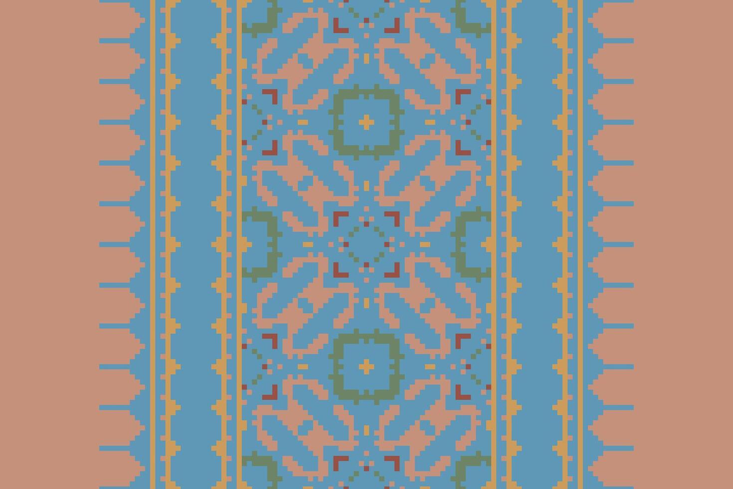 Pixel Cross Stitch pattern with Floral Designs. Traditional cross stitch needlework. Geometric Ethnic pattern, Embroidery, Textile ornamentation, fabric, Hand stitched pattern, Cultural stitching vector