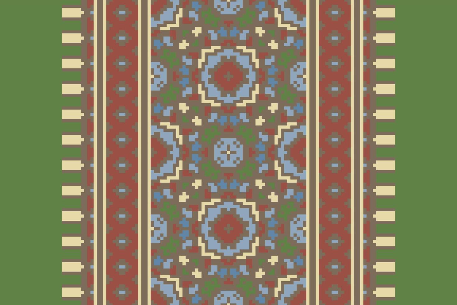 Pixel Cross Stitch pattern with Floral Designs. Traditional cross stitch needlework. Geometric Ethnic pattern, Embroidery, Textile ornamentation, fabric, Hand stitched pattern, Cultural stitching vector