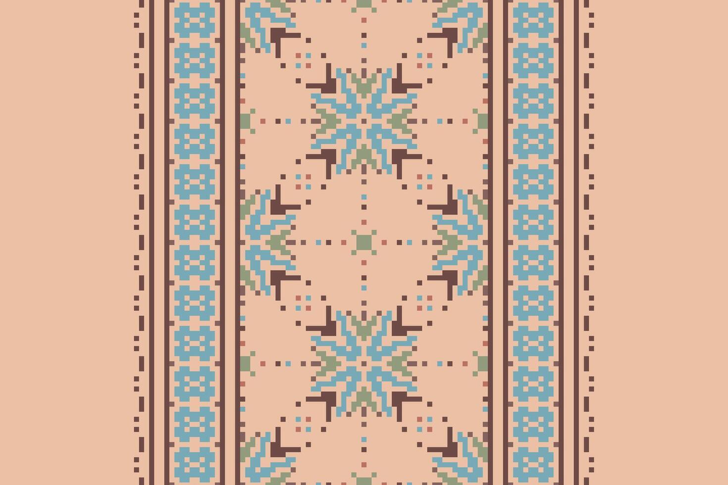 Pixel Cross Stitch pattern with Floral Designs. Traditional cross stitch needlework. Geometric Ethnic pattern, Embroidery, Textile ornamentation, fabric, Hand stitched pattern, Cultural stitching vector