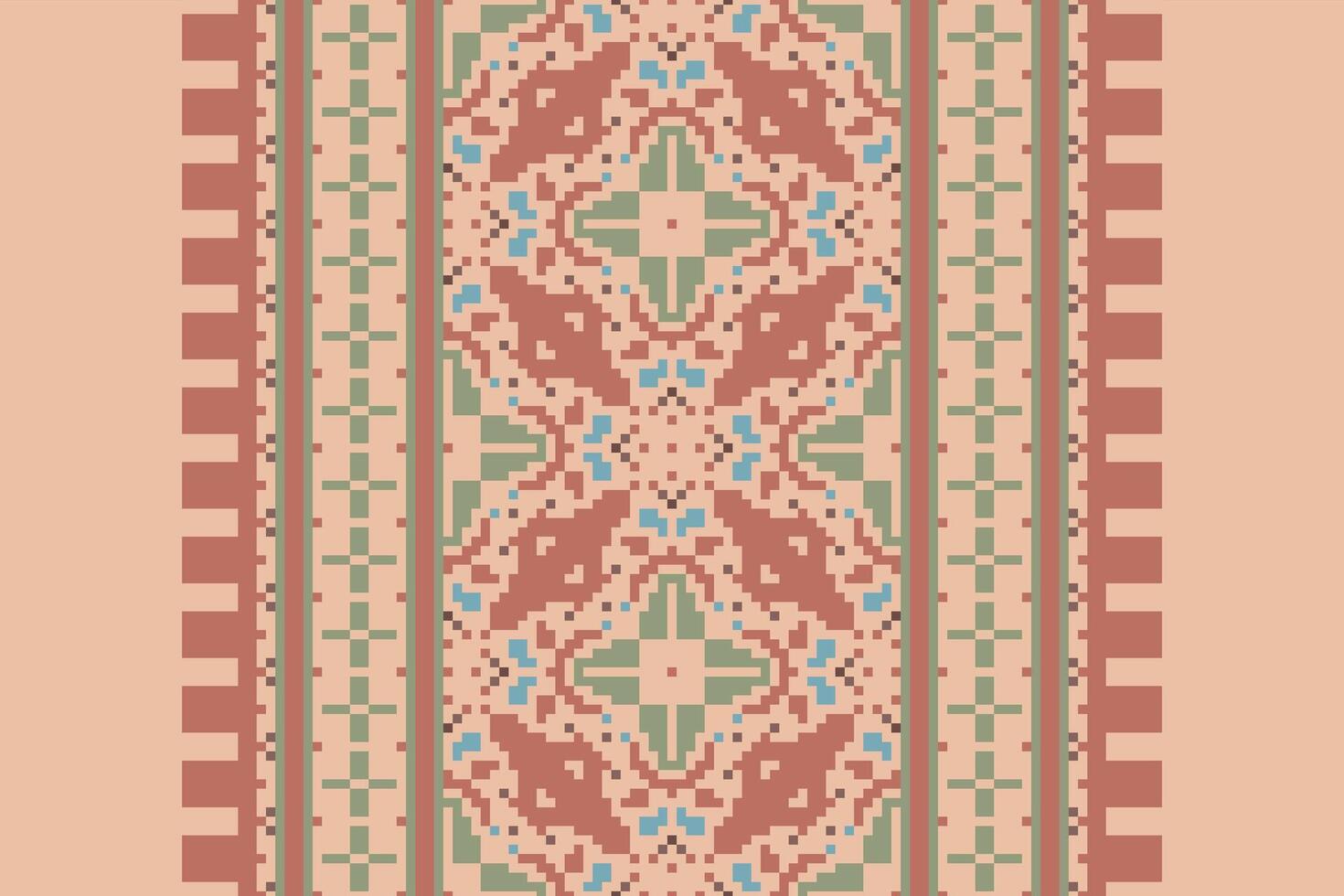 Pixel Cross Stitch pattern with Floral Designs. Traditional cross stitch needlework. Geometric Ethnic pattern, Embroidery, Textile ornamentation, fabric, Hand stitched pattern, Cultural stitching vector