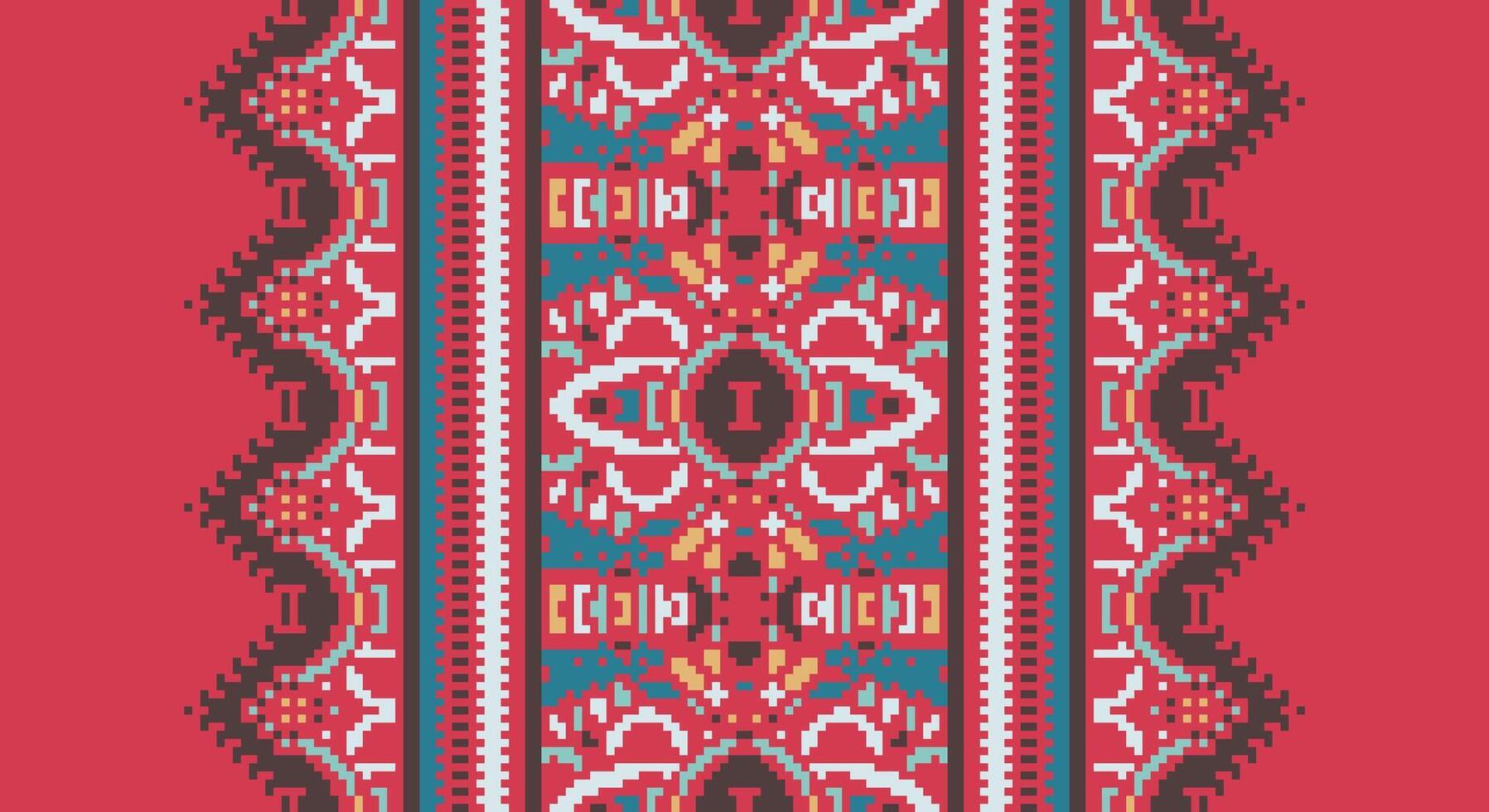 Tissue Dupatta Seamless Bandana print silk Motif embroidery, Pixel Ikat embroidery Design for Print vyshyvanka placemat quilt sarong sarong beach kurtis Indian motifs vector