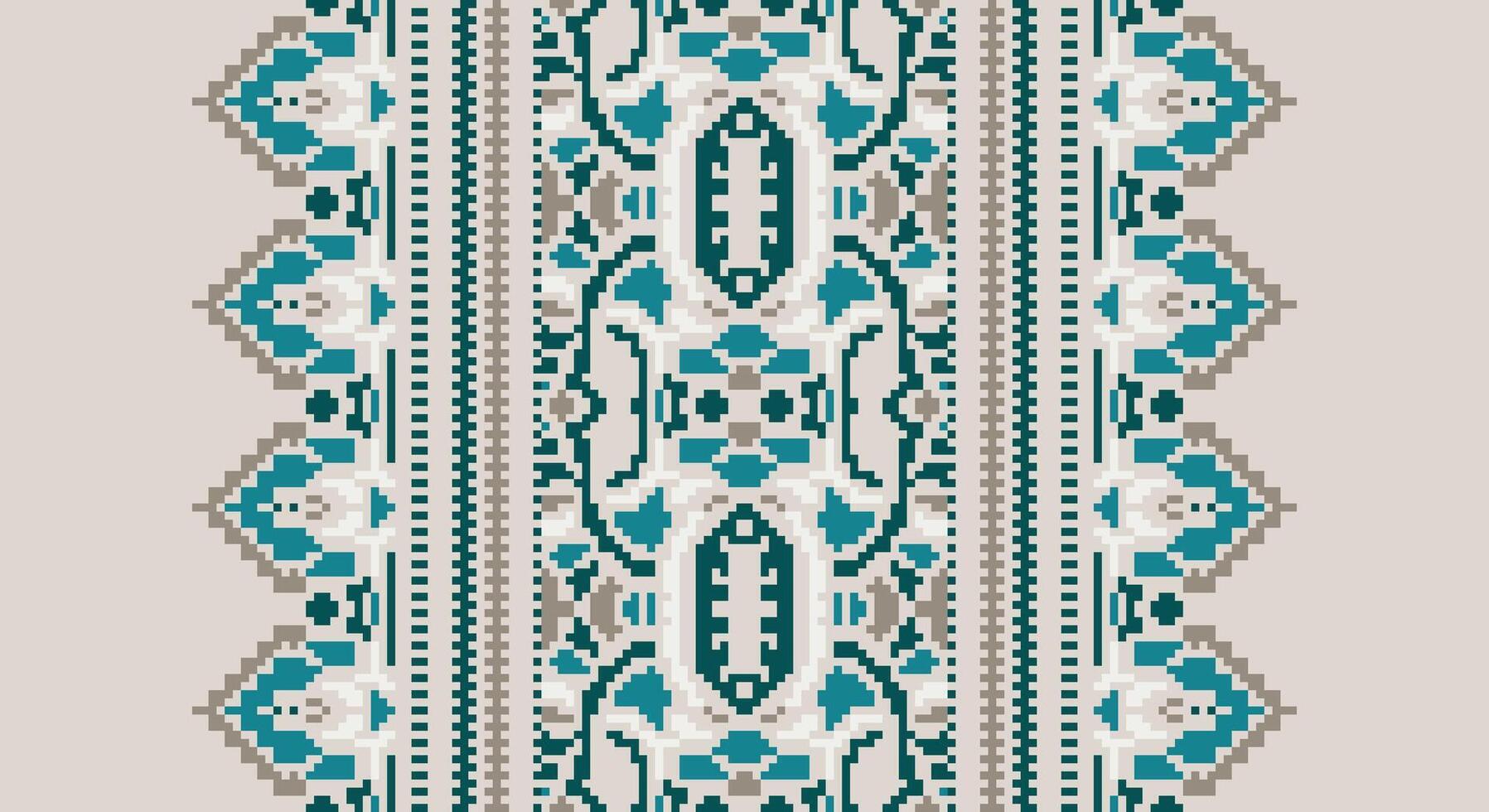 Tissue Dupatta Seamless Bandana print silk Motif embroidery, Pixel Ikat embroidery Design for Print indonesian batik motif embroidery native american kurta mughal design vector