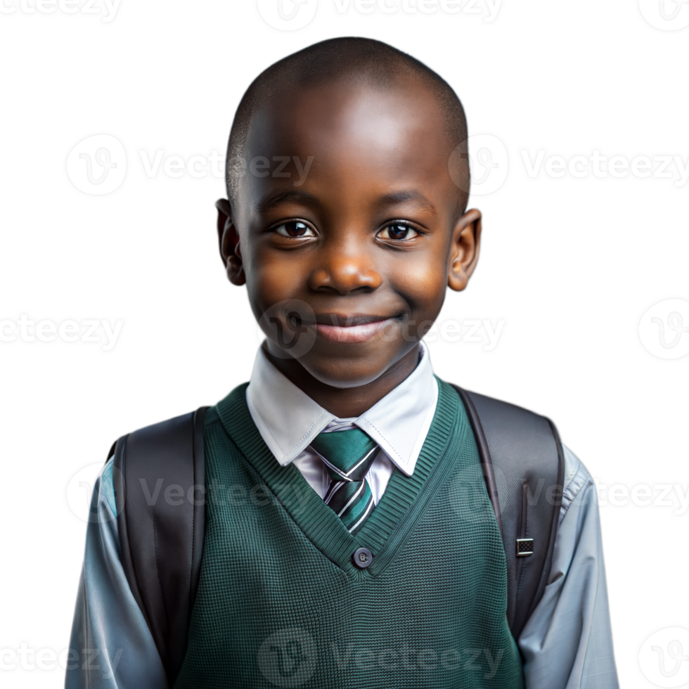 Smiling schoolboy wearing uniform with backpack on transparent background png