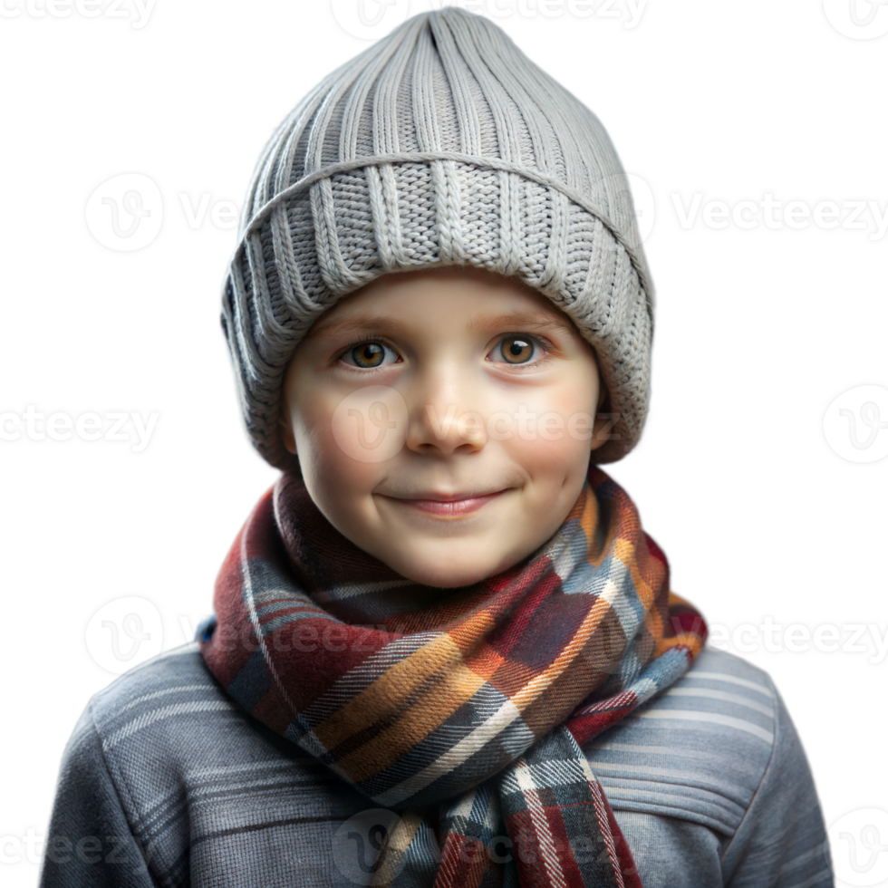 Smiling child in winter hat and colorful scarf on transparent background png