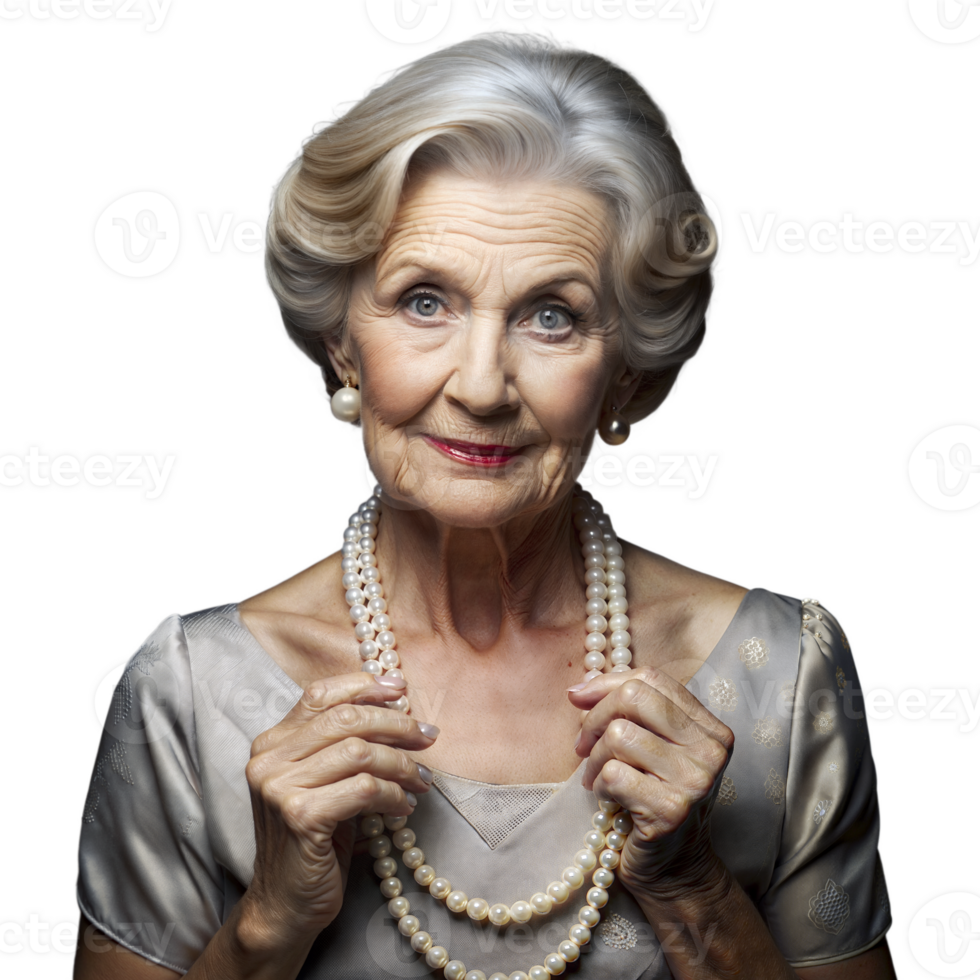 Elegant senior woman with pearls on transparent background png