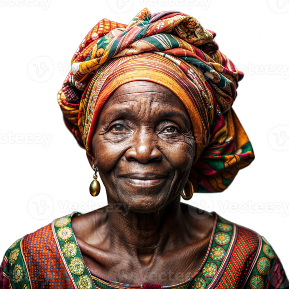 Elderly woman in traditional African attire smiling warmly png