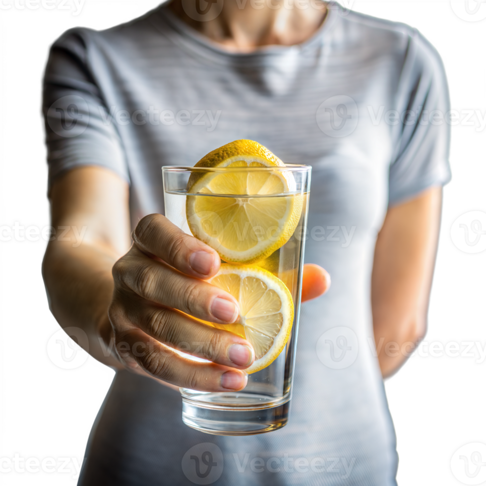 Hand holding glass of water with lemon slices on transparent background png