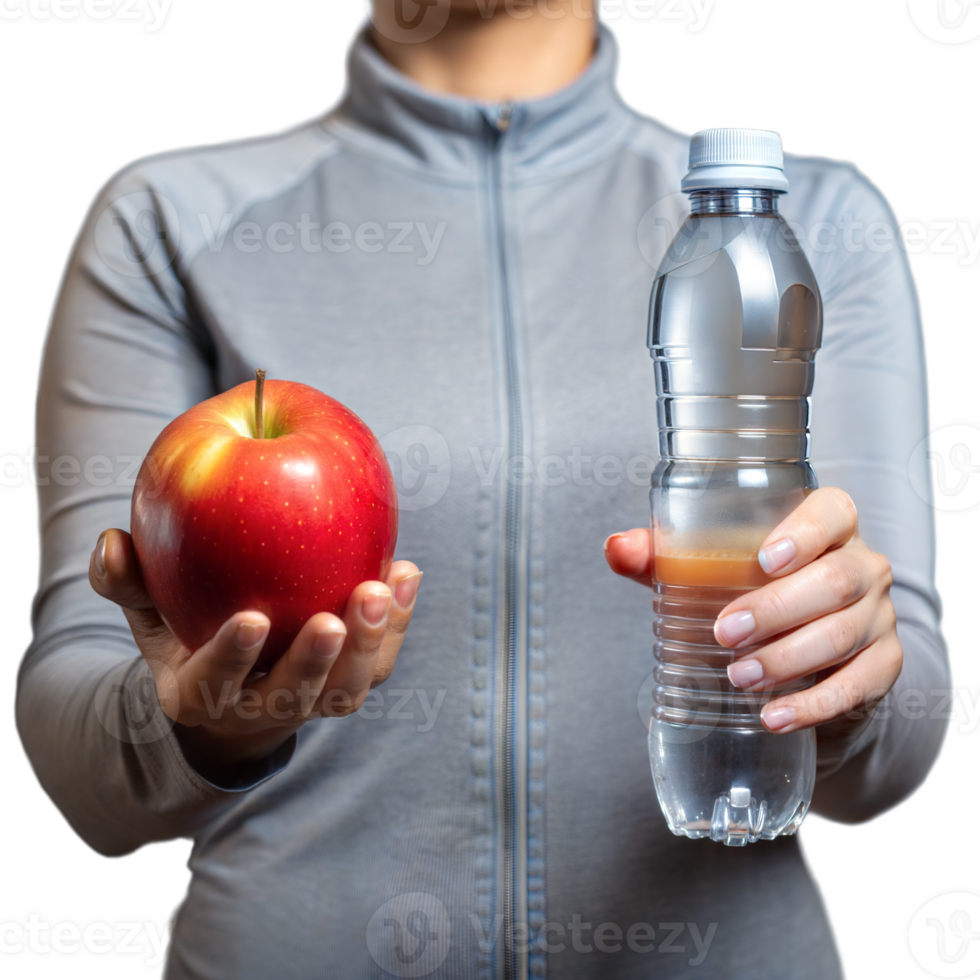 Person holding a red apple and a bottled drink on a transparent background png