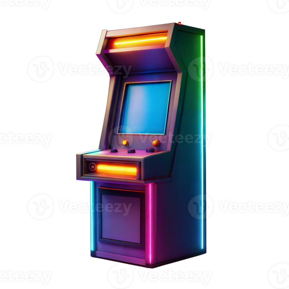 Retro arcade game machine with neon lights on transparent background png