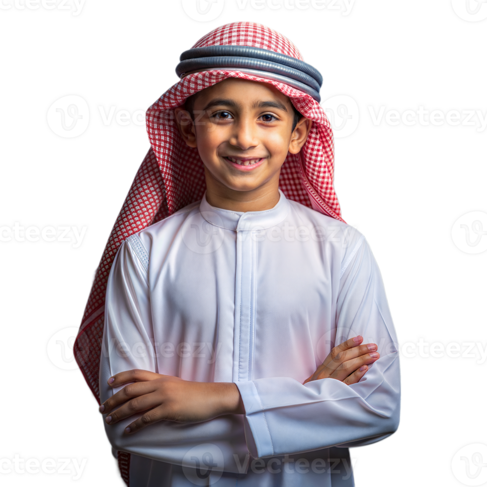 Smiling boy in traditional attire with crossed arms on transparent background png
