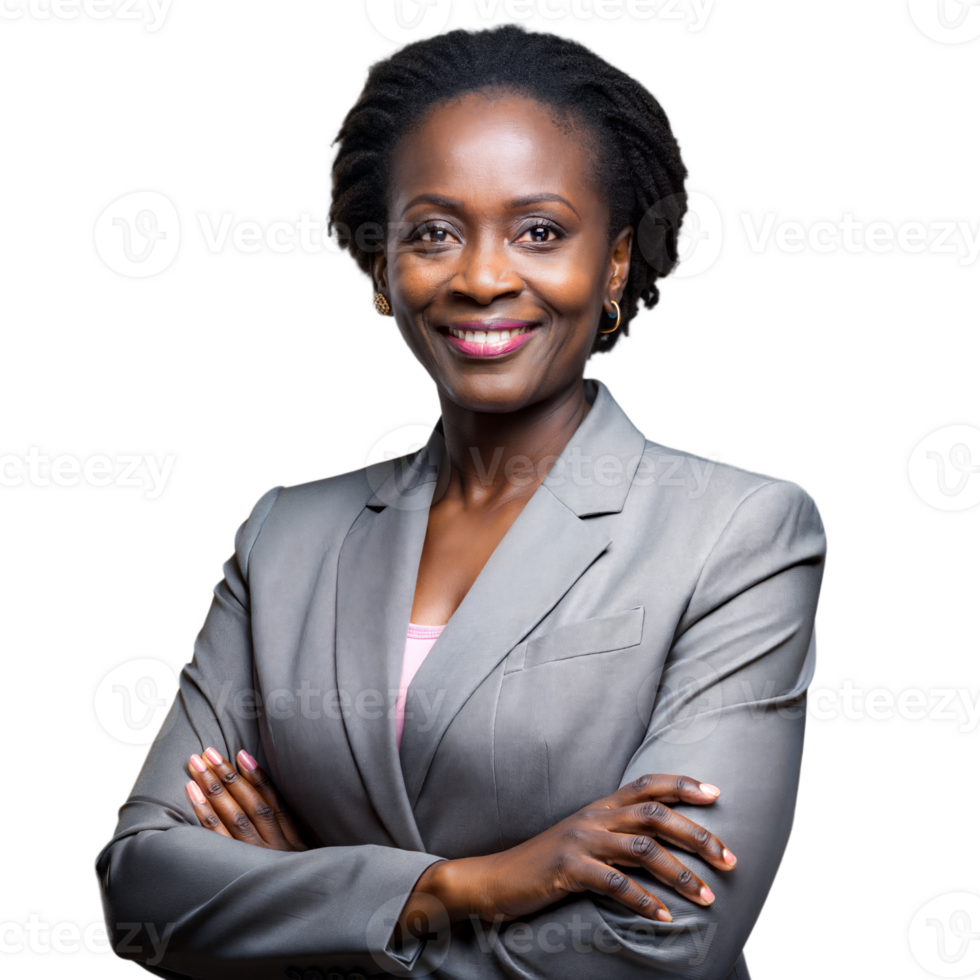 Confident businesswoman smiling with crossed arms on transparent background png