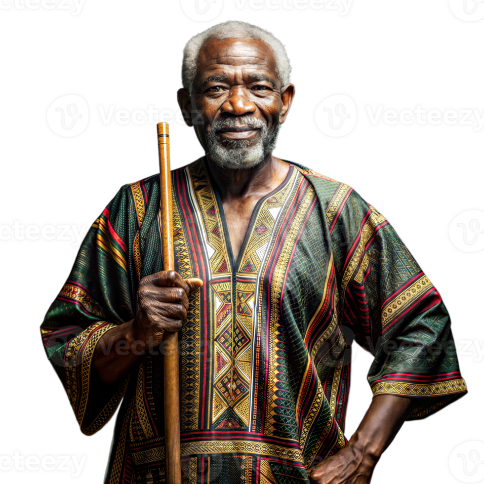 Elderly man in traditional attire with walking stick on transparent background png