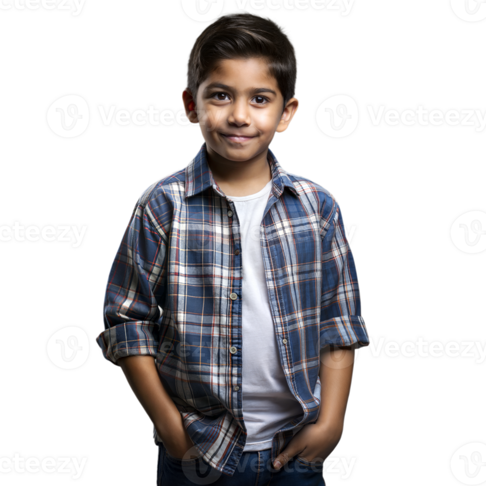 Smiling young boy in plaid shirt with hands in pockets on transparent background png