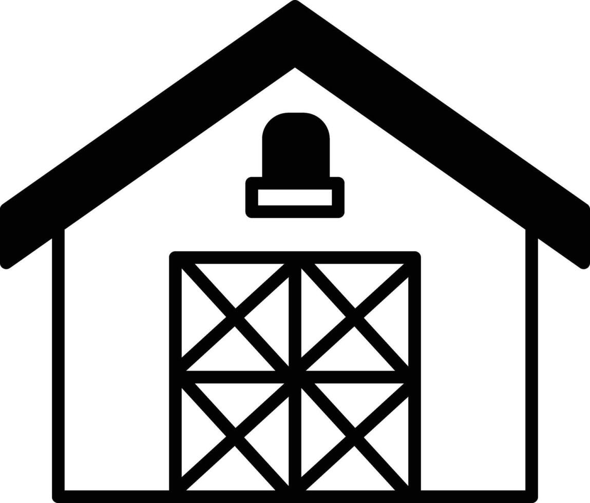 A black and white drawing of a barn with a red roof vector