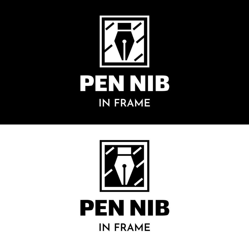 Pen nib in box frame with simple elegant black and white for publishing literacy company logo design vector