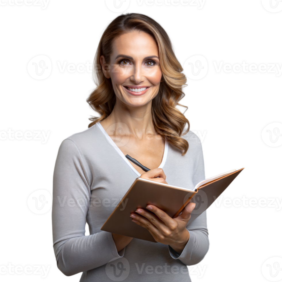 Smiling woman writing in notebook on transparent background png