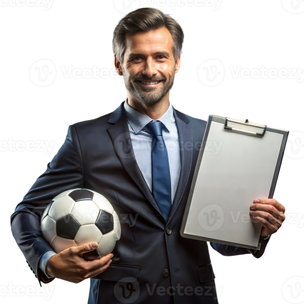 Confident soccer coach holding ball and clipboard on transparent background png