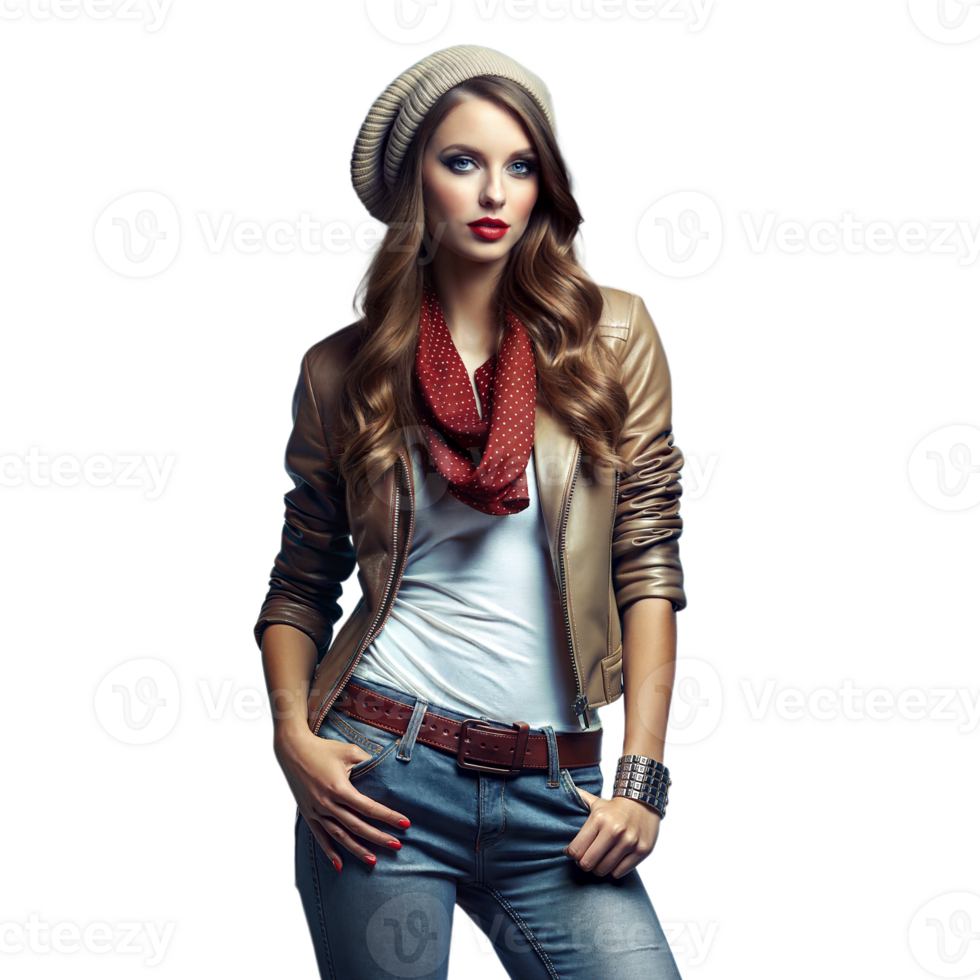 Chic woman modeling casual autumn outfit with a transparent background png