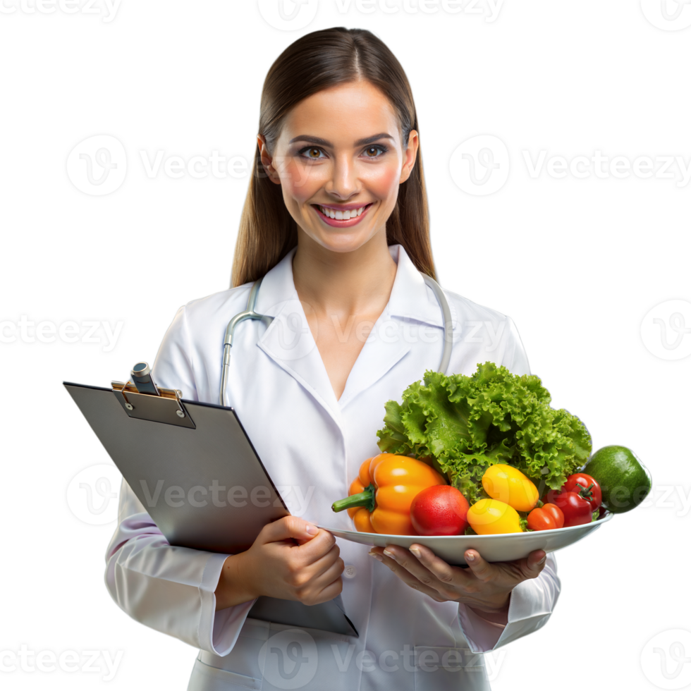 Smiling nutritionist holding fresh vegetables and clipboard on transparent background png