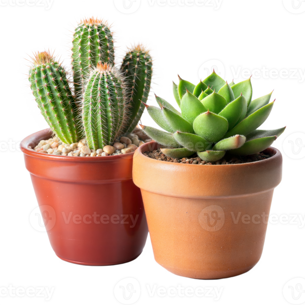 Pair of cactus and succulent plants in pots on transparent background png