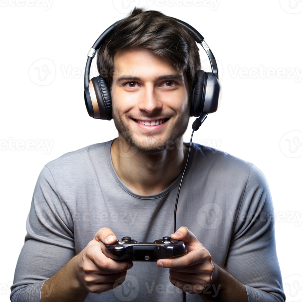Young man enjoying games with headset on transparent background png