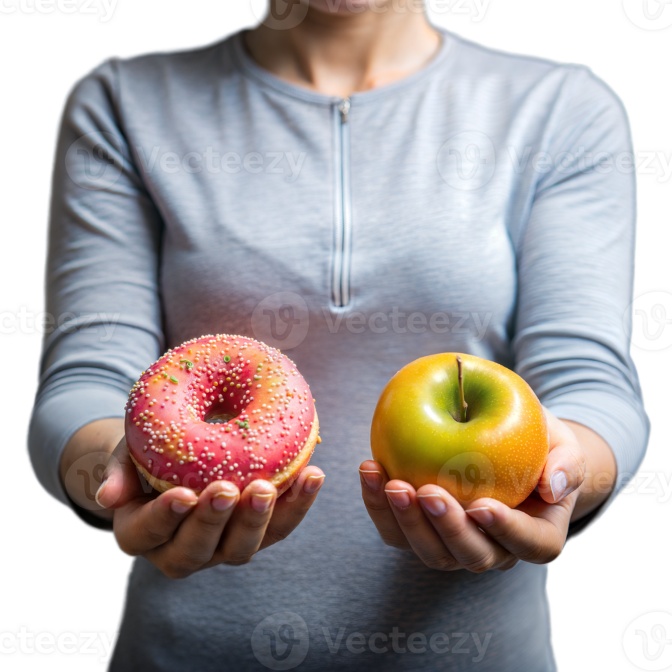 Person holding a donut and an apple, healthy versus unhealthy choice png
