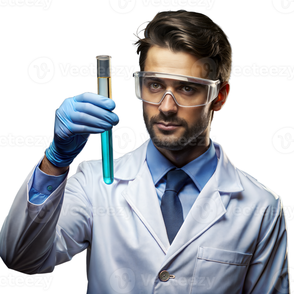 Scientist holding test tube with blue liquid on transparent background png