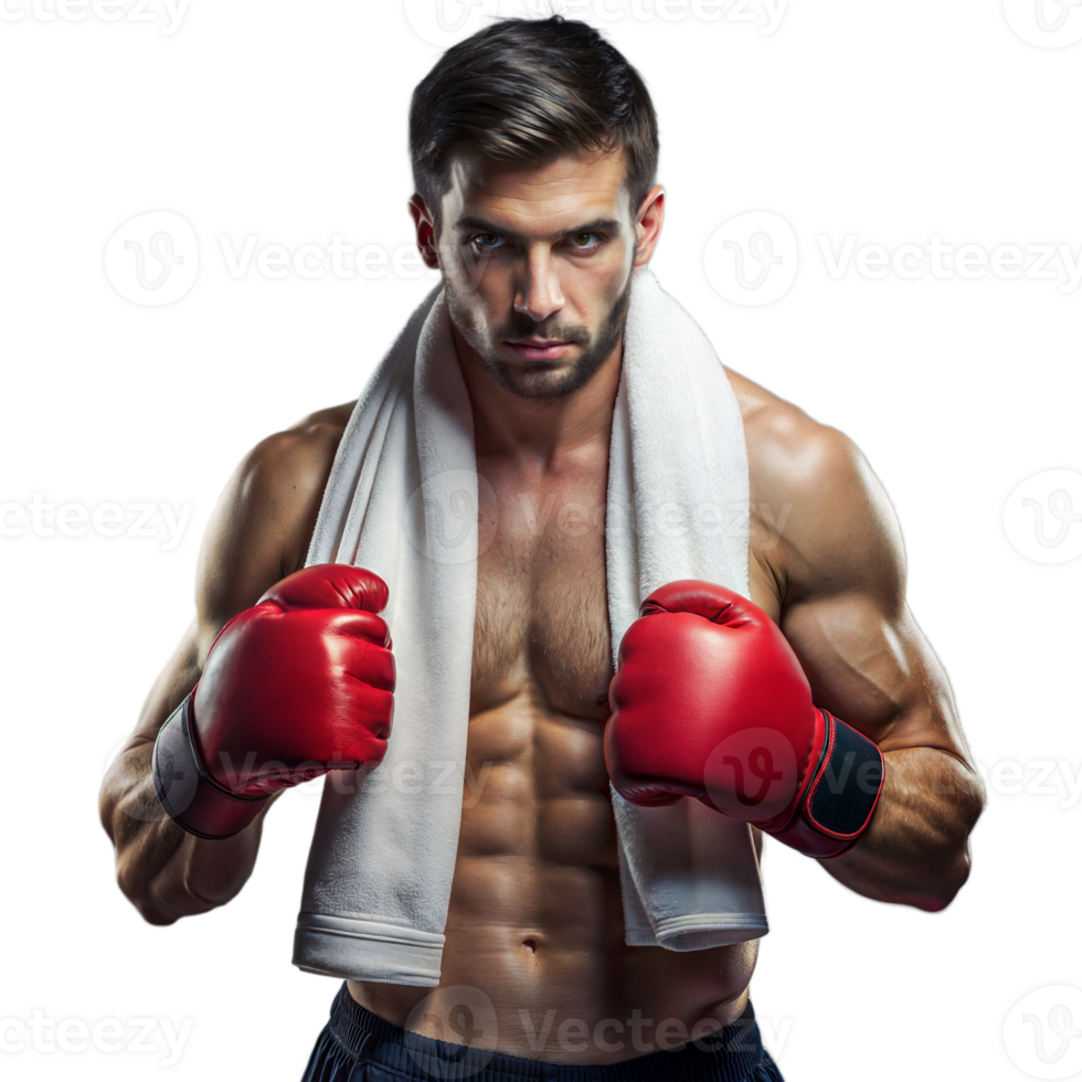 Fit boxer with red gloves and towel on transparent background png