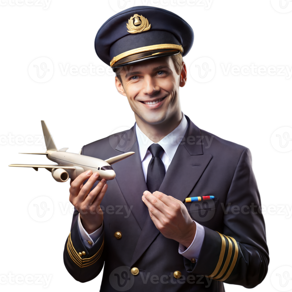 Smiling pilot holding model airplane on transparent background png