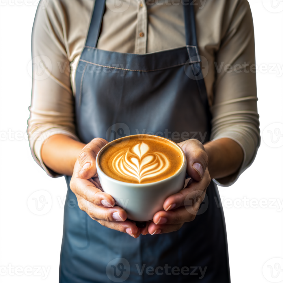 Barista holding a cup of latte art on transparent background png