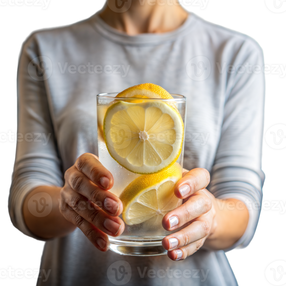 Person holding glass of refreshing lemon water on transparent background png